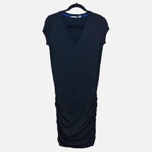 Athleta Women Topanga T Shirt Dress Stretch Crew Neck Ruched Cap Sleeve BlackXXS